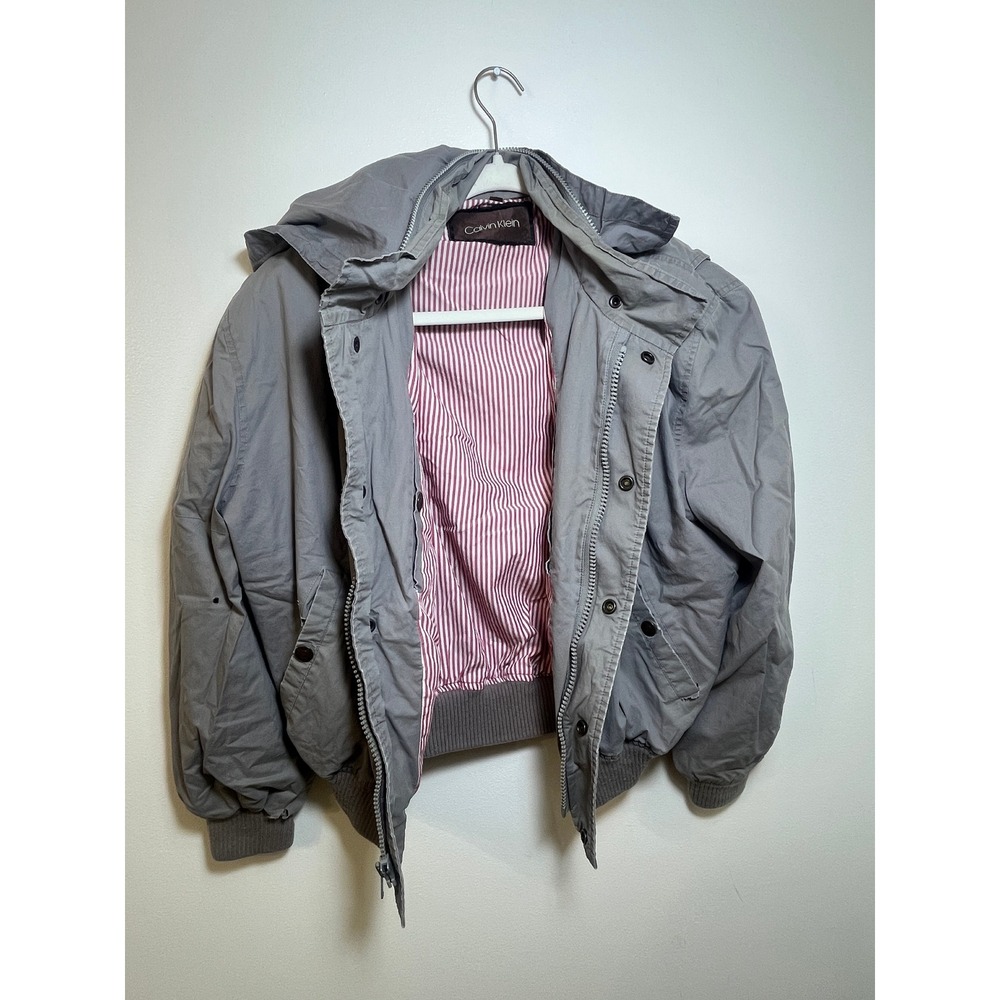 Vintage Calvin Klein Grey Cotton Bomber Jacket Striped Lining Mens
